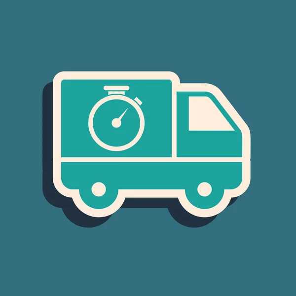 Green Logistics camión de reparto y cronómetro icono aislado sobre fondo azul. Icono de tiempo de entrega. Estilo de sombra larga. Ilustración vectorial — Archivo Imágenes Vectoriales