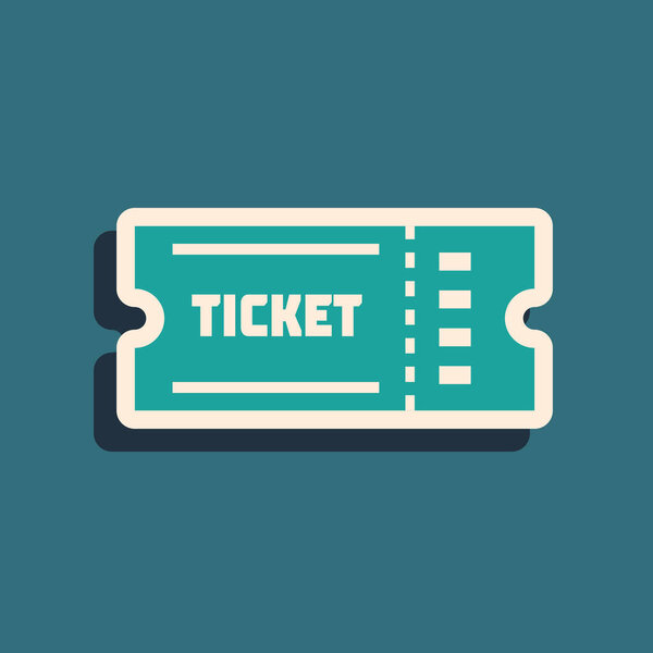 Green Ticket icon isolated on blue background. Long shadow style. Vector Illustration