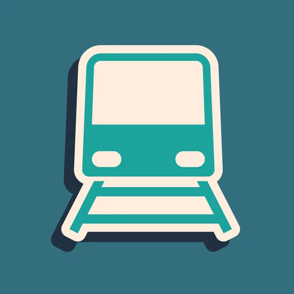 Icono del Tren Verde aislado sobre fondo azul. Símbolo de transporte público. Transporte en tren subterráneo. Metro subterráneo. Estilo de sombra larga. Ilustración vectorial — Archivo Imágenes Vectoriales