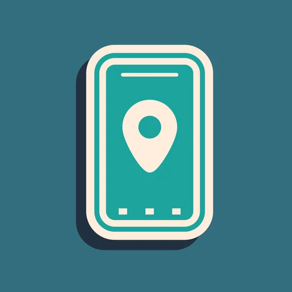 Groene Infographic van stadsplattegrond navigatie icoon geïsoleerd op blauwe achtergrond. Mobiele App Interface concept ontwerp. Geolacatie concept. Lange schaduw stijl. Vector Illustratie — Stockvector