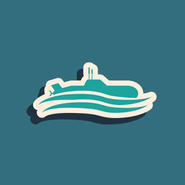 Icona sottomarino verde isolata su sfondo blu. Nave militare. Lungo stile ombra. Illustrazione vettoriale — Vettoriale Stock