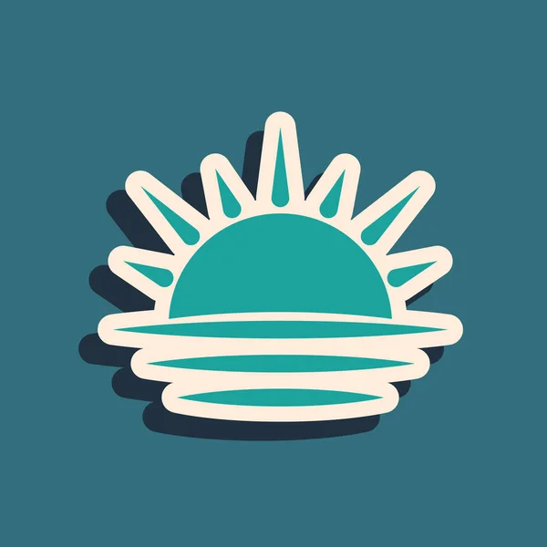 Grünes Sonnenuntergangssymbol isoliert auf blauem Hintergrund. Lange Schatten. Vektorillustration — Stockvektor