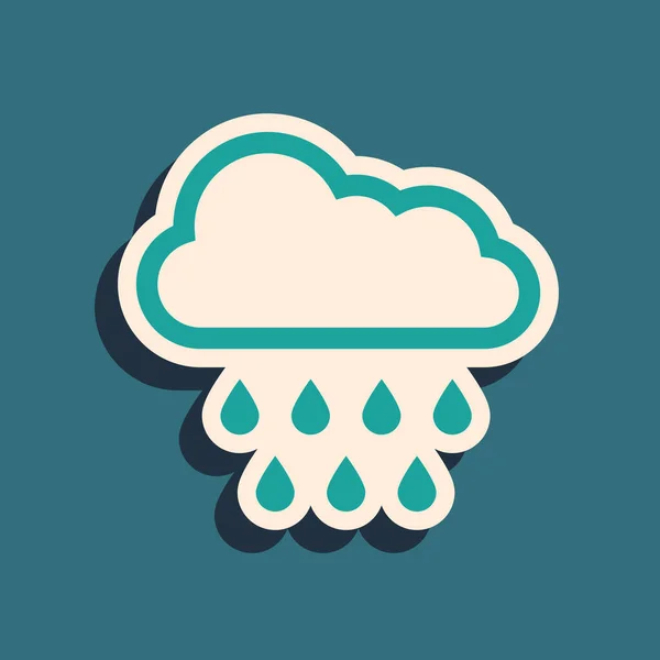 Nuvem verde com ícone de chuva isolado no fundo azul. Precipitação de nuvens de chuva com gotas de chuva. Estilo de sombra longo. Ilustração vetorial — Vetor de Stock