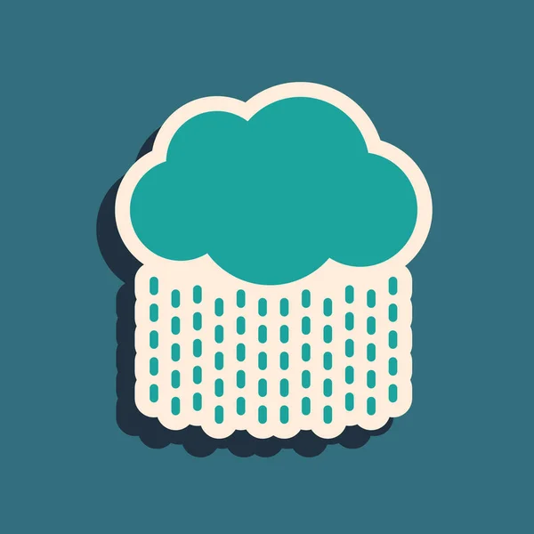 Зеленый с иконой дождя на синем фоне. Осадки дождевых облаков с капельками дождя. Длинный стиль тени. Векторная миграция — стоковый вектор