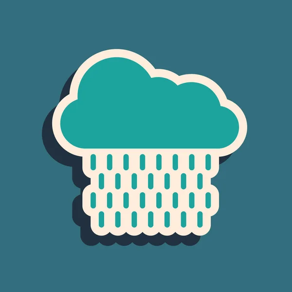 Grüne Wolke mit Regensymbol auf blauem Hintergrund. Regenwolken Niederschlag mit Regentropfen. Lange Schatten. Vektorillustration — Stockvektor