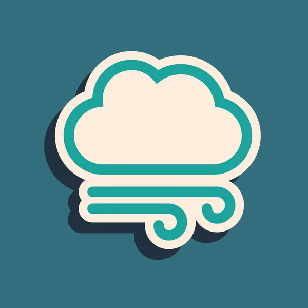 Green Windy weather icon isolated on blue background. Cloud and wind. Long shadow style. Vector Illustration — Stock Vector