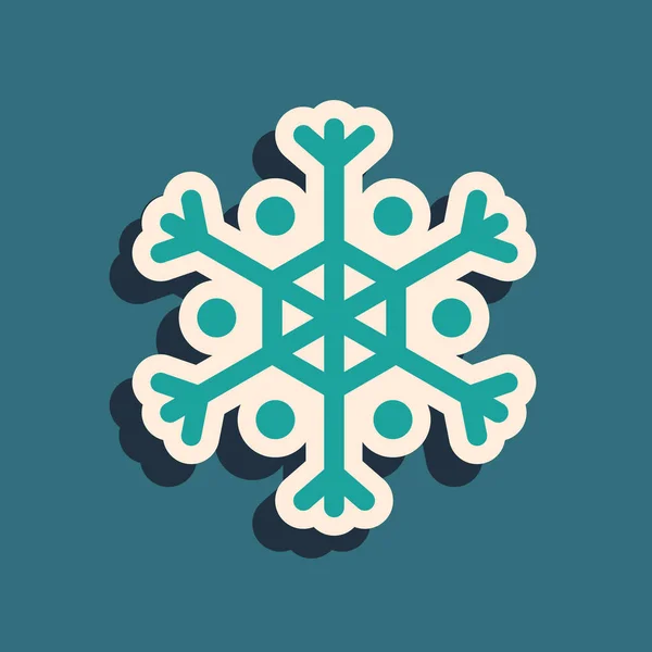 Green Snowflake icon isolated on blue background. Long shadow style. Vector Illustration — Stock Vector