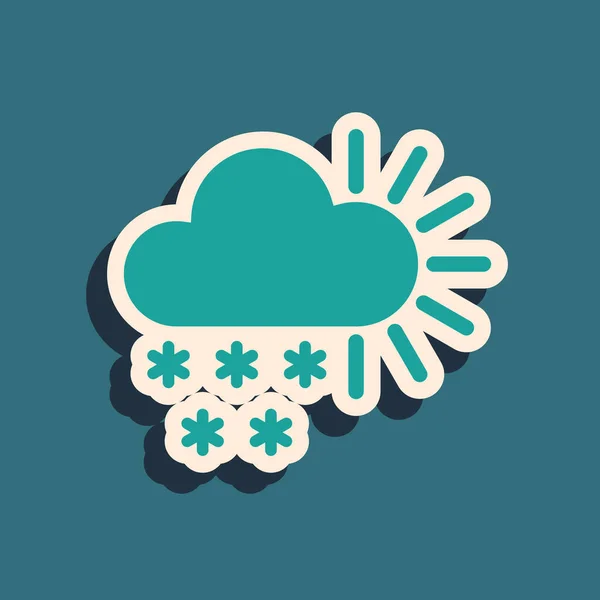 Grün bewölkt mit Schnee-Symbol auf blauem Hintergrund. Wolke mit Schneeflocken. einzelnes Wettersymbol. Schneeschild. Lange Schatten. Vektorillustration — Stockvektor