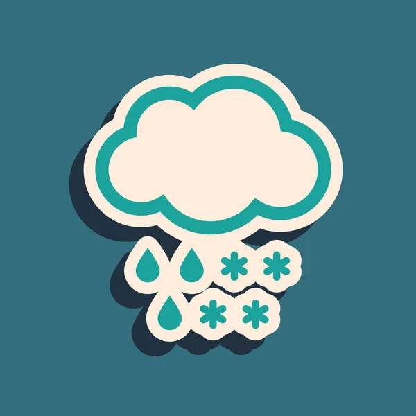 Grüne Wolke mit Schnee- und Regensymbol auf blauem Hintergrund. Wettersymbol. Lange Schatten. Vektorillustration — Stockvektor