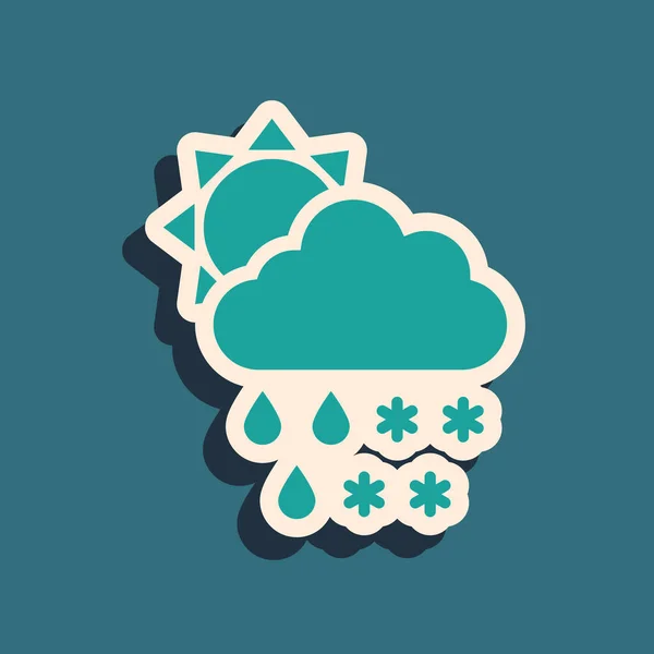 Grüne Wolke mit Schnee- und Regensymbol auf blauem Hintergrund. Wettersymbol. Lange Schatten. Vektorillustration — Stockvektor