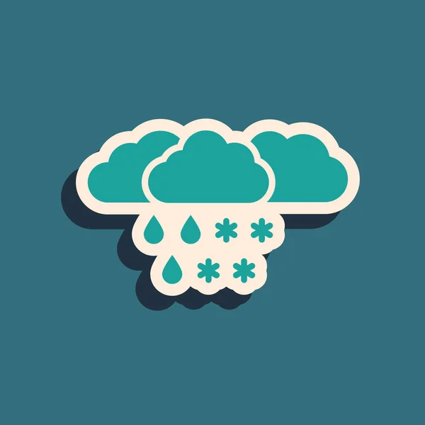 Grüne Wolke mit Schnee- und Regensymbol auf blauem Hintergrund. Wettersymbol. Lange Schatten. Vektorillustration — Stockvektor