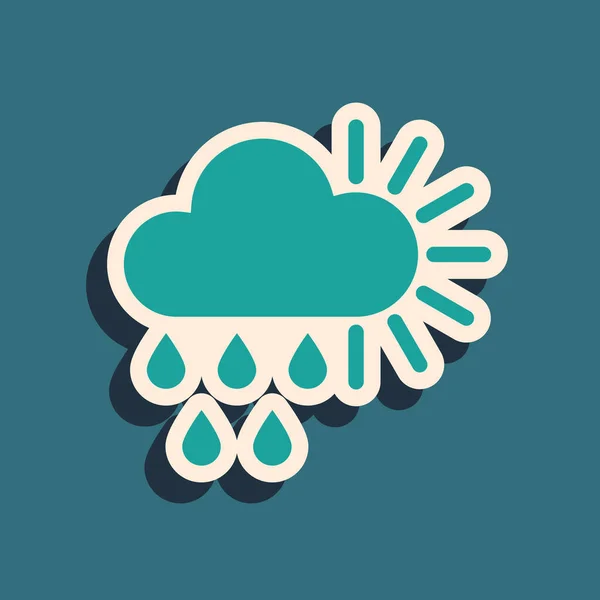Grün bewölkt mit Regen und Sonnensymbol auf blauem Hintergrund. Regenwolken Niederschlag mit Regentropfen. Lange Schatten. Vektorillustration — Stockvektor