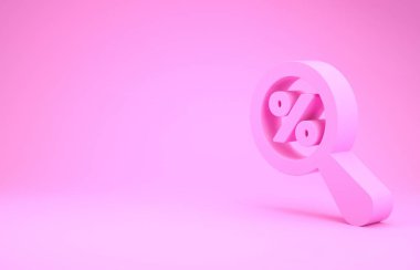Pembe büyüteçle pembe arka planda yüzde yüz indirim simgesi var. İndirimli aramalar. İndirim tabelasını ara. Minimalizm kavramı. 3d illüstrasyon 3d canlandırma