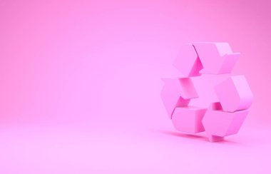 Pembe Geri Dönüşüm sembolü pembe arka planda izole edilmiş. Dairesel ok simgesi. Çevre geri dönüşümü yeşile döner. Minimalizm kavramı. 3d illüstrasyon 3B canlandırma