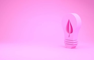Pembe arkaplanda yaprak simgesi olan pembe ampul. Çevre enerjisi kavramı. Alternatif enerji kavramı. Minimalizm kavramı. 3d illüstrasyon 3B canlandırma