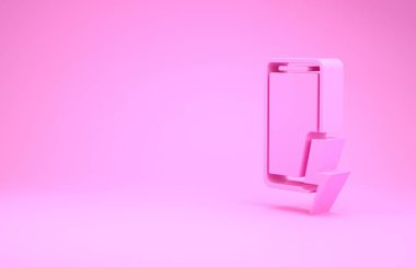 Pembe Smartphone şarj edilmiş pil simgesi pembe arka planda. Şarjı az bir telefon. Minimalizm kavramı. 3d illüstrasyon 3B canlandırma
