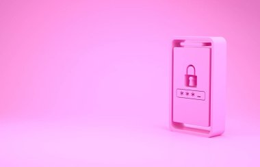 Pembe cep telefonu ve şifre koruma simgesi pembe arka planda izole edilmiş. Güvenlik, güvenlik, kişisel erişim, kullanıcı izni, mahremiyet. Minimalizm kavramı. 3d illüstrasyon 3d canlandırma