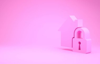 Pembe Ev, pembe arka planda izole edilmiş koruma ikonu altında. Eve git ve kilitle. Koruma, güvenlik, güvenlik, koruma, savunma konsepti. Minimalizm kavramı. 3d illüstrasyon 3B canlandırma