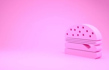 Pembe Burger ikonu pembe arka planda izole edilmiş. Hamburger ikonu. Çizburger sandviç tabelası. Minimalizm kavramı. 3d illüstrasyon 3d canlandırma
