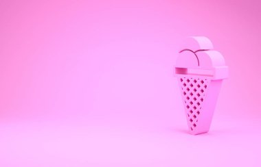 Pembe arka planda izole edilmiş waffle külahlı pembe dondurma. Güzel sembol. Minimalizm kavramı. 3d illüstrasyon 3B canlandırma