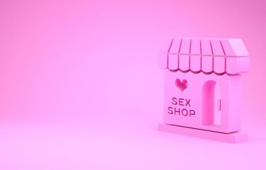 Pembe arka planda izole edilmiş çizgili tente ikonu olan Pembe Seks Dükkanı binası. Seks dükkanı, online seks mağazası, yetişkin erotik ürünler konsepti. Minimalizm kavramı. 3d illüstrasyon 3d canlandırma