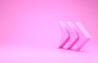 Pembe Ok simgesi pembe arkaplanda izole edildi. Yön Arrowhead sembolü. Navigasyon işaretçisi işareti. Minimalizm kavramı. 3d illüstrasyon 3d canlandırma