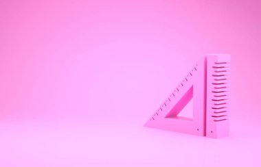 Pembe üçgen cetvel simgesi pembe arka planda izole edilmiş. Düz sembol. Geometrik sembol. Minimalizm kavramı. 3d illüstrasyon 3d canlandırma