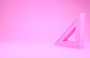 Pembe üçgen cetvel simgesi pembe arka planda izole edilmiş. Düz sembol. Geometrik sembol. Minimalizm kavramı. 3d illüstrasyon 3d canlandırma