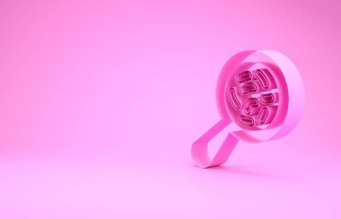 Büyüteç simgesi altında pembe mikroorganizmalar pembe arkaplanda izole edilmiş. Bakteri ve mikroplar, hücre kanseri, mikrop, virüs, mantar. Minimalizm kavramı. 3d illüstrasyon 3d canlandırma