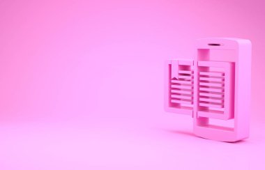 Pembe Akıllı Telefon ve kitap ikonu pembe arka planda izole edilmiş. Çevrimiçi öğrenme ya da e-öğrenme kavramı. Minimalizm kavramı. 3d illüstrasyon 3d canlandırma