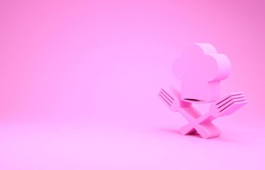 Pembe aşçı şapkası ve çapraz çatal simgesi pembe arka planda izole edilmiş. Aşçılık sembolü. Restoran menüsü. Aşçı şapkası. Minimalizm kavramı. 3d illüstrasyon 3d canlandırma