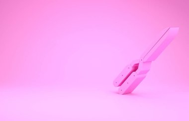 Pembe arka planda izole edilmiş simgeyi budamak için pembe bahçe makası. Ahşap saplı budama makası. Minimalizm kavramı. 3d illüstrasyon 3B canlandırma