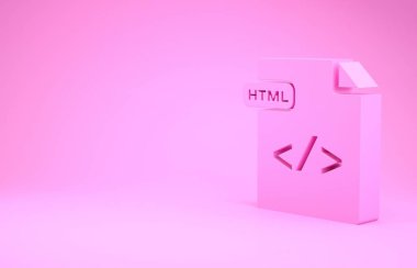 Pembe Html dosya dökümanı. Pembe arkaplanda html düğmesi simgesi indir. Html dosya sembolü. İşaretleme dili sembolü. Minimalizm kavramı. 3d illüstrasyon 3d canlandırma