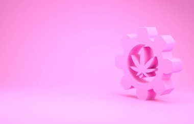 Pembe kimya test tüpü ve pembe arka planda marihuana veya kenevir yaprağı ikonu. Araştırma konsepti. Laboratuvar Cbd yağı konsepti. Minimalizm kavramı. 3d illüstrasyon 3d canlandırma