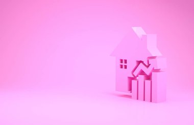 Konut simgesinin pembe arka planda izole edilmiş Pembe Yükselen maliyeti. Gayrimenkul fiyatları yükseliyor. Konut grafiği artıyor. Minimalizm kavramı. 3d illüstrasyon 3d canlandırma