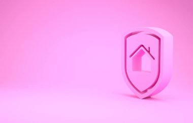 Pembe Ev, pembe arka planda izole edilmiş koruma ikonu altında. Ev ve kalkan. Koruma, güvenlik, güvenlik, koruma, savunma konsepti. Minimalizm kavramı. 3d illüstrasyon 3B canlandırma