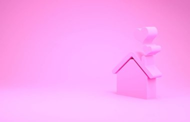 Pembe Ev 'in pembe arka planında kalp şekli ikonu var. Aşk ev sembolü. Aile, emlak ve gayrimenkul. Minimalizm kavramı. 3d illüstrasyon 3d canlandırma