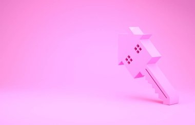 Pembe evde pembe arka planda anahtar simgesi var. Ev anahtarının konsepti. Minimalizm kavramı. 3d illüstrasyon 3B canlandırma