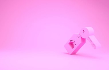 Pembe evde pembe arka planda anahtar simgesi var. Ev anahtarının konsepti. Minimalizm kavramı. 3d illüstrasyon 3B canlandırma