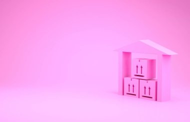 Pembe Depo ikonu pembe arka planda izole edilmiş. Minimalizm kavramı. 3d illüstrasyon 3B canlandırma