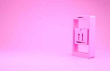 Pembe Mobil akıllı telefon ve pembe arka planda izlenen uygulama dağıtım ikonu. Paket takibi. Minimalizm kavramı. 3d illüstrasyon 3d canlandırma