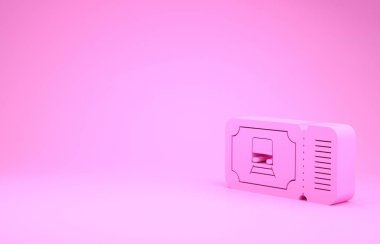 Pembe tren bileti ikonu pembe arka planda izole edilmiş. Demiryolu ile seyahat et. Minimalizm kavramı. 3d illüstrasyon 3d canlandırma