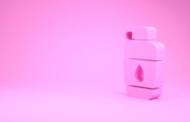 Pembe kantin su şişesi ikonu pembe arka planda izole edilmiş. Turist matarası ikonu. Kampanyada bir kavanoz su kullanıldı. Minimalizm kavramı. 3d illüstrasyon 3B canlandırma