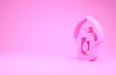 Pembe kantin su şişesi ikonu pembe arka planda izole edilmiş. Turist matarası ikonu. Kampanyada bir kavanoz su kullanıldı. Minimalizm kavramı. 3d illüstrasyon 3B canlandırma