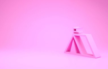 Pembe turist çadırı. Pembe arka planda bayrak simgesi var. Kamp sembolü. Minimalizm kavramı. 3d illüstrasyon 3d canlandırma