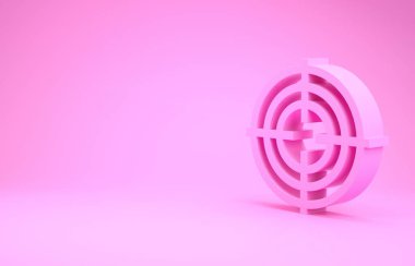 Pembe hedef sporu. Pembe arka planda izole edilmiş bir yarışma ikonu. Atış mesafesi ya da atış mesafesi için sayıları olan temiz bir hedef. Minimalizm kavramı. 3d illüstrasyon 3d canlandırma