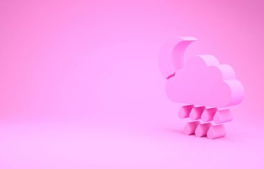 Pembe Bulut, yağmurlu ve pembe arka planda izole edilmiş ay ikonu. Yağmur damlaları ile yağmur bulutu yağışı. Minimalizm kavramı. 3d illüstrasyon 3d canlandırma