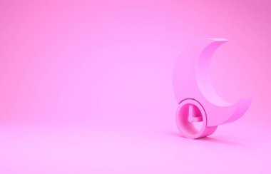 Pembe Uyuyan Ay simgesi pembe arka planda izole edilmiş. Minimalizm kavramı. 3d illüstrasyon 3d canlandırma