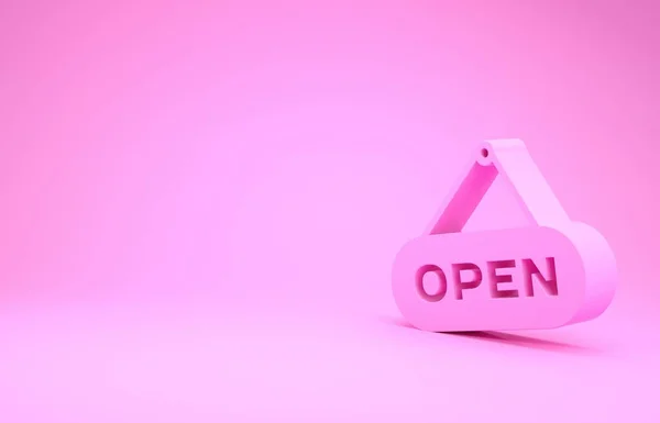 Pink Hanging sign with text Open door icon isolated on pink background. Minimalism concept. 3d illustration 3D render — Stock Photo, Image