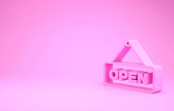 Pink Hanging σήμα με κείμενο Open πόρτα εικονίδιο απομονώνονται σε ροζ φόντο. Μινιμαλιστική έννοια. 3D απεικόνιση 3d καθιστούν — Φωτογραφία Αρχείου